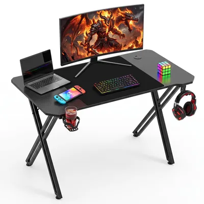 Obrázek produktu pro Herní stůl Ikodm, rozměry 120x60 cm, design X-Form, povrch s karbonovým vzhledem, s držákem na nápoje a sluchátka