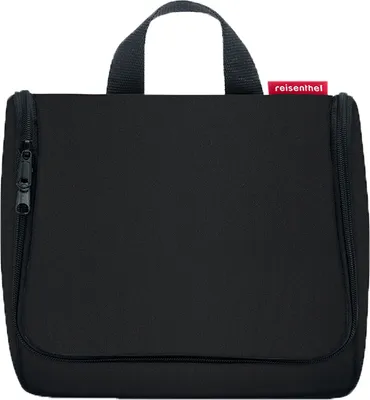 A black toiletry bag with a handle and zippers.