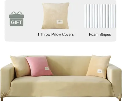 Produktbild von (4-Sitzer, Beige) Dicke Sofabezüge aus Samt, 1, 2, 3, 4-Sitzer, hochelastischer, rutschfester Sofabezug, Möbelschutz, Plüsch-Sofa-Schonbezüge mit 1 Kissenbezug für Wohnzimmer, Hunde, Katzen, Haustiere