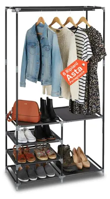 Kleiderständer mit Schuhregal, 6 Ablagen, Metall & Vlies, schwarz