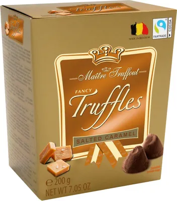 A product box for Maitre Truffout Fancy Truffles, Salted Caramel flavor.