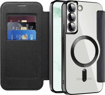 Produktbild von Klapphülle für Samsung Galaxy S22+ 5G Kompatibel mit Magsafe, Klar Überzug Kartenhalter Ledertasche mit Kameraschutz Schwarz