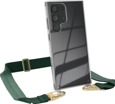 A clear, studio shot of a transparent phone case with a green strap attached, presented on a white background.