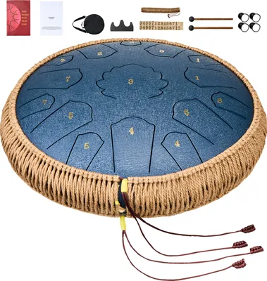 Image de SucceBuy Tambour à anches en acier, 14 pouces, 15 notes, do majeur, bleu marine, avec baguettes et sac de transport pour le jardin, les cours de musique, le yoga