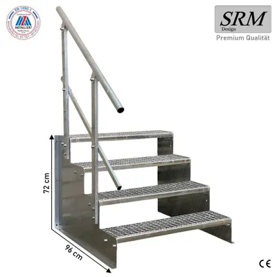 Zdjęcie produktu dla 4 stopnie schodów wolnostojących model 2 schody ocynkowane stopnie schodów stalowych wysokość 18 cm szerokość 90 cm wysokość 72 cm z poręczą z jednej strony