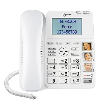 A white Geemarc amplified corded phone with a handset and a keypad with photos next to some buttons.