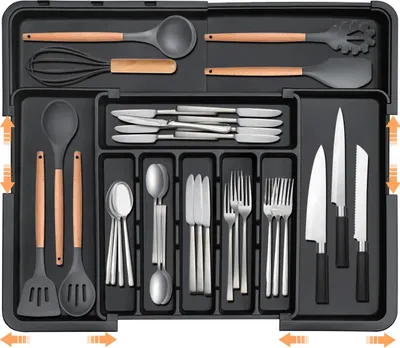 Immagine prodotto di Portaposate - Organizer per cassetti - Estraibile - Regolabile - Grande capienza - Plastica - Per posate e utensili da cucina - Nero