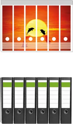 Produktbild von Wallario 6 Stück breite Ordner inkl. Klebeetiketten mit Motive Delphine im Sonnenuntergang -  Set mit Rückenschildern / Ordnerrücken Stickern