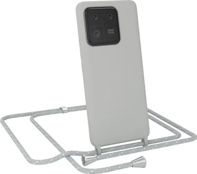 Produktbild von EAZY CASE Handykette kompatibel mit Xiaomi 13 Pro Handyhülle zum Umhängen, Silikon Hülle mit Band, Schutzhülle mit Ersatzkordel, Stylische Kette für Smartphone, Hell Grau / Weiß
