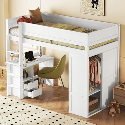 A white loft bed with a desk and wardrobe underneath, set up in a room.