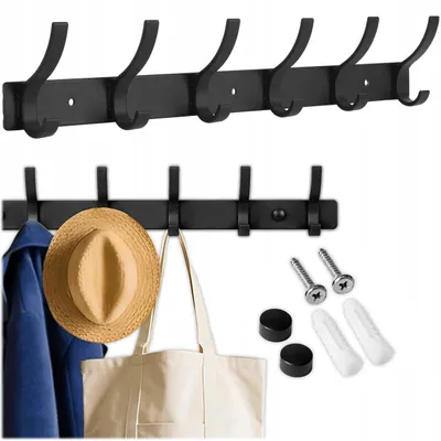 Produktbild von KRUMAD Kleiderstange Wand 40 cm mit 6 Haken, Hakenleiste aus für Jacken, Mäntel, Taschen - Wandgarderobe, platzsparend, mit Montageset, Schwarz