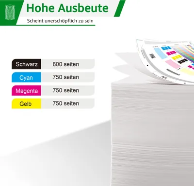 A stack of paper with a color chart on top, next to a list of ink cartridge yields.
