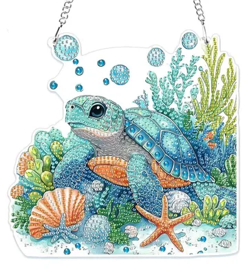 Produktbild von 5D Schildkröte Diamond Painting Anhänger mit Kette für Kinder und Erwachsene, Fensterbild Hängeornament Set