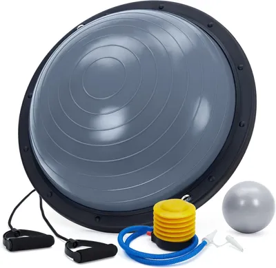 Produktbild von Halbkugel Balance Ball 60 cm mit rutschfester Basis, 2 Widerstandsbänder & Pumpe – Für Instabilitätstraining, Yoga, Physio & Kraftübungen
