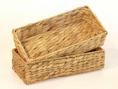 Produktbild von Besteckkörbe 2er Set 'Pia' aus Wasserhyazinthe natur atmungsaktiv Utensilo Aufbewahrungsbox Kosmetikkorb 32/16/8 cm Geschenk, Silber:natur