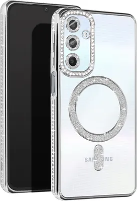 A clear product shot of a phone case with decorative elements.