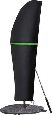 A black umbrella cover with a green stripe, standing on its base with a pole.