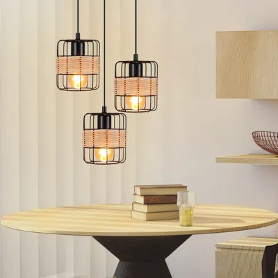 Produktbild von ZMH Pendelleuchte Retro Rattan E27 Hängeleuchte Schwarz 3 Flammig Wohnzimmerlampe Metall Lampenschirm Rustikal Natur für Esszimmer Schlafzimmer Küche