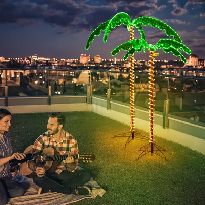 Zdjęcie produktu dla COSTWAY 218cm Sztuczna podświetlana palma z oświetleniem LED, składana podstawa, palma LED do dekoracji ogrodu, imprezy, domu (175x120x218cm)