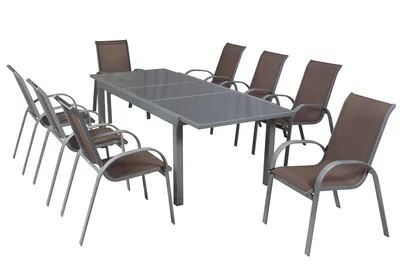 Produktbild von Merxx Gartenmöbel Set Amalfi taupe 9tlg., 8 Stapelsessel, 1 Ausziehtisch 180 (240) x 100 cm - Aluminium/Textil