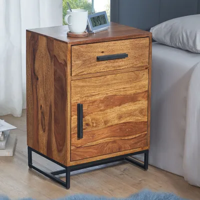 Produktbild von FineBuy Nachttisch Sheesham Massivholz Metallgestell, Schublade & Tür – Nachtkonsole Industrial Design handgefertigt – Nachtkästchen für Boxspringbett