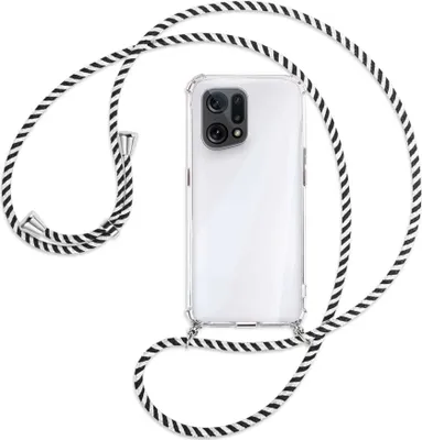 Produktbild von Handykette Backcover-Schutzhülle mit Band (Metall silberfarben) für Oppo Find X5 - schwarz/weiß gestreift