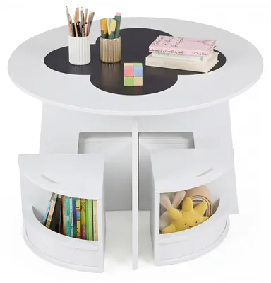 Produktbild von COSTWAY Kindertisch und Stuhl Set, 5 teilige Kindersitzgruppe aus Holz mit 4 Stauraumhocker, Maltisch, Sitzgruppe für Kinder ab 3+, 70x70x49 cm, Weiß