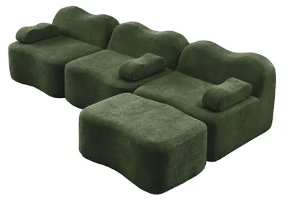 Imagen del producto de Sofá modular de esquina de 3 plazas, tapizado en terciopelo verde, con otomanas