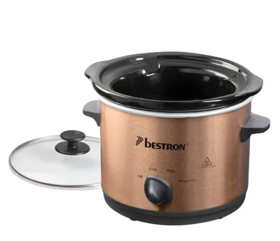 Produktbild von Bestron Slowcooker für 2 Personen, Schongarer mit Keramikpfanne & Glasdeckel, 3 Stufen-Thermostat, ideal für viele Gerichte wie Fleisch, Suppen & Gemüse, 1.5 Liter, Copper Collection, Farbe: Kupfer