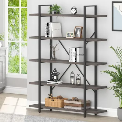 Image de Étagère bibliothèque, 5 niveaux, bois et métal, gris foncé, 120 x 32,3 x 177,8 cm