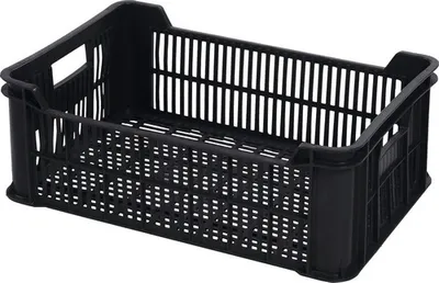 A black plastic crate for fruits and vegetables.