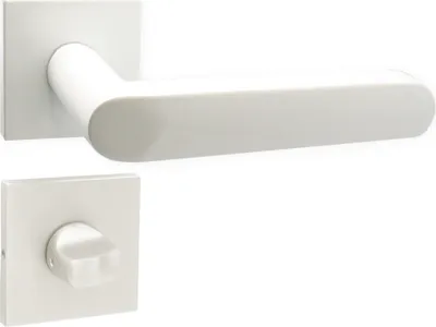 A white door handle set with a square rosette and a separate WC lock mechanism, presented against a plain white background.