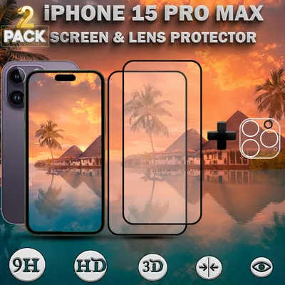 Zdjęcie produktu dla 2-pak ochraniaczy ekranu i obiektywu iPhone'a 15 Pro Max wykonanych ze szkła hartowanego 9H