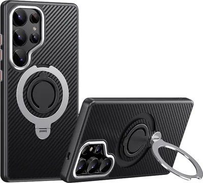 Immagine prodotto di Per Samsung Galaxy S25 Ultra MagSafe Carbon Design TPU 360 Custodia ad anello argento