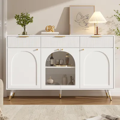 Produktbild von Flieks Sideboard mit 4 Türen & 3 Schubladen, Aufbewahrungsschrank mit transparenten Acryl-Türen, Metallgriffen und Holzbeinen, Standschrank, Weiß
