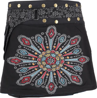 Produktbild von Wickelrock, Bestickter Kurzer Goa Rock, Cacheur - Schwarz/grau, Damen, Mehrfarbig, Baumwolle, Röcke