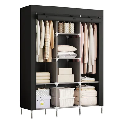 Produktbild von Kleiderschrank Stoff 130x170cm XL Faltschrank 8 Fächer 2 Kleiderstangen Schwarz