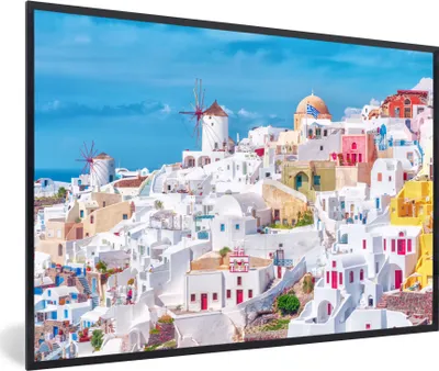 Produktbild von MuchoWow® MuchoWow® Gerahmtes Poster Santorini in Griechenland weiße und blaue Gebäude 60x40 cm - Poster mit zchwarzem Bilderrahmen - Printing - Wanddeko Schlafzimmer