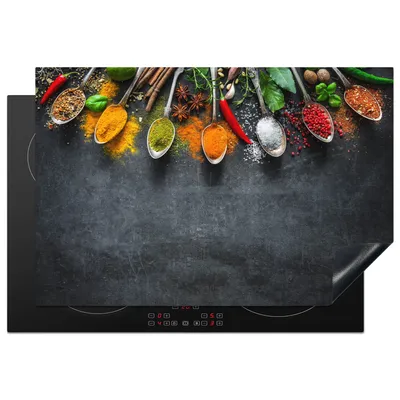 Obrázek produktu pro KitchenYeah® Krycí deska na sporák beton - koření - lžíce, 77x51cm, kuchyňská dekorace, keramická krycí deska, krycí deska na varnou desku