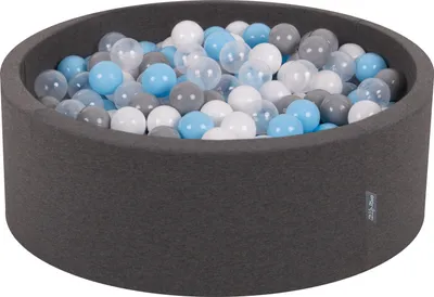Zdjęcie produktu dla KiddyMoon suchy basen okrągły z piłeczkami 7cm ciemnoszary: szary-biały-transparent-babyblue 90x30cm/300piłek zabawka basen piankowy