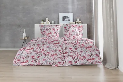 Produktbild von Hahn Feinbiber Bettwäsche Blumengarten 100% Baumwolle Reißverschluss Bettbezug Kissenbezug Bettgarnitur Bettwäsche-Set Bettzeug 135x200 cm Rot