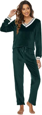 Productafbeelding van Tweedelig fluwelen huispak voor dames met V-hals trui en lange broek