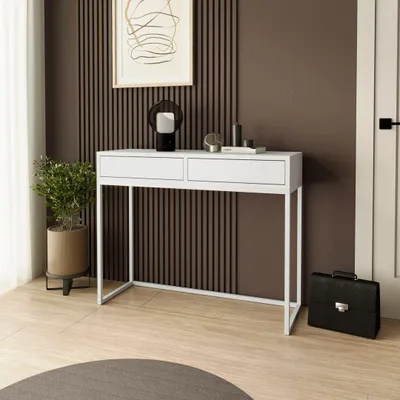 Image de SofaStyle Console LANGO 100 cm - Console à 2 tiroirs, coiffeuse, blanche avec pieds métalliques blancs