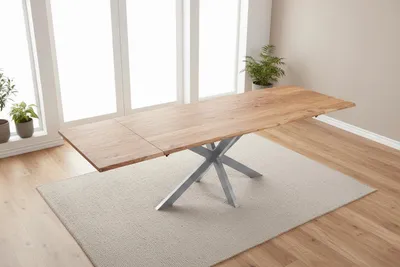 Produktbild von Esstisch Baumkante Akazie natur 180(280)x90 Ansteckplatten Spider-Gestell silber AVINO
