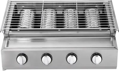 Zdjęcie produktu dla Przenośny grill gazowy – GB-04A, grill stołowy z 4 palnikami – stal nierdzewna – ceramiczna płyta na podczerwień – propan/LPG niskociśnieniowy – powierzchnia grillowania 55,8×23,2 cm – 58×40×20 cm