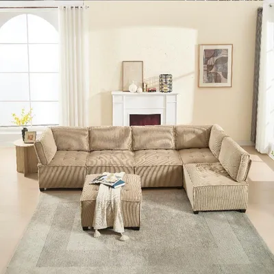 Zdjęcie produktu dla Modułowa sofa dla 6 osób, obita tkaniną typu cord, wymiary: 308x154x81,99 cm. Możliwość elastycznego łączenia w kształt litery "U" lub "L", możliwość wykorzystania jako sofa rozkładana, kolor khaki