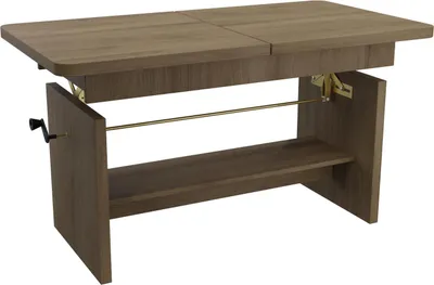 A wooden coffee table with a lift-top mechanism and a shelf underneath, shown against a white background.