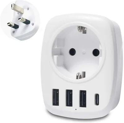Produktbild von Reiseadapter für Großbritannien und Irland - mit 3 USB-Anschlüssen und einem Typ-C-Anschluss