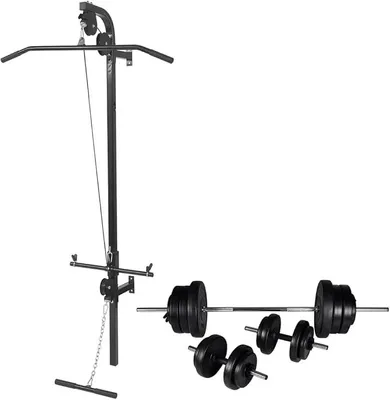 Produktbild von Fitnessstation Wandmontage Kraftstation mit Langhantel Kurzhantel Set 60,5kg Stahl Krafttrainingsgerät mit Kabelzug Latzugstange für Muskelaufbau Homegym Workout