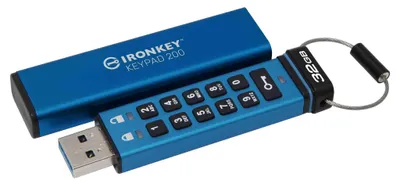Produktbild von Kingston Technology IronKey 32GB Keypad 200, FIPS 140-3 Lvl 3 AES-256 Verschlüsselung, 32 GB, USB Typ-A, 3.2 Gen 1 (3.1 Gen 1), 145 MB/s, Schutzhülle, Blau